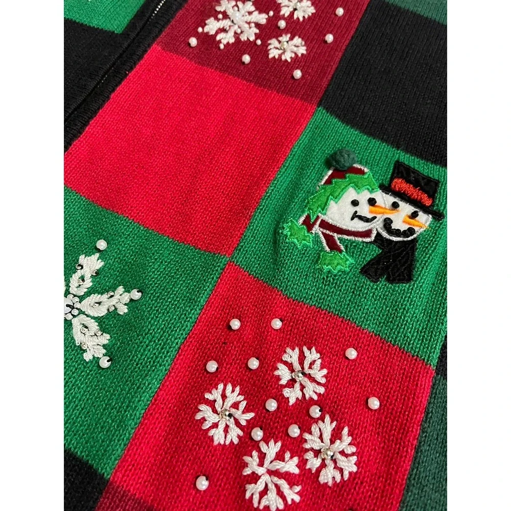 Vtg Grandma Granny Core Sweater Womens 3XL Snowman 90s Checkerboard Full Zip - Picture 3 of 6